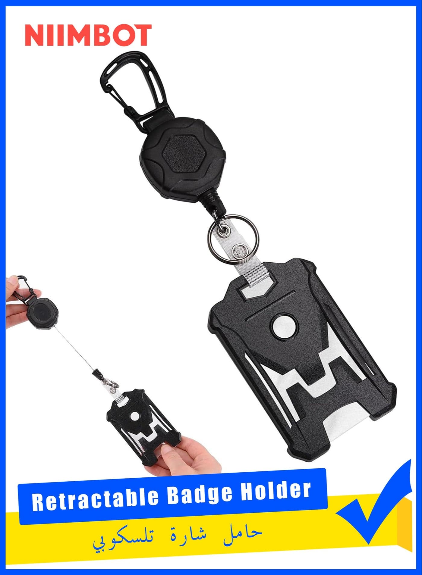 1 Retractable Badge Holder Set, Heavy Duty Badge Reel with 31.5 in (80 cm) Steel Wire Lanyard, Black ID Card Holder with Privacy Cover for Secure Key and ID Management for Office and Outdoor Use