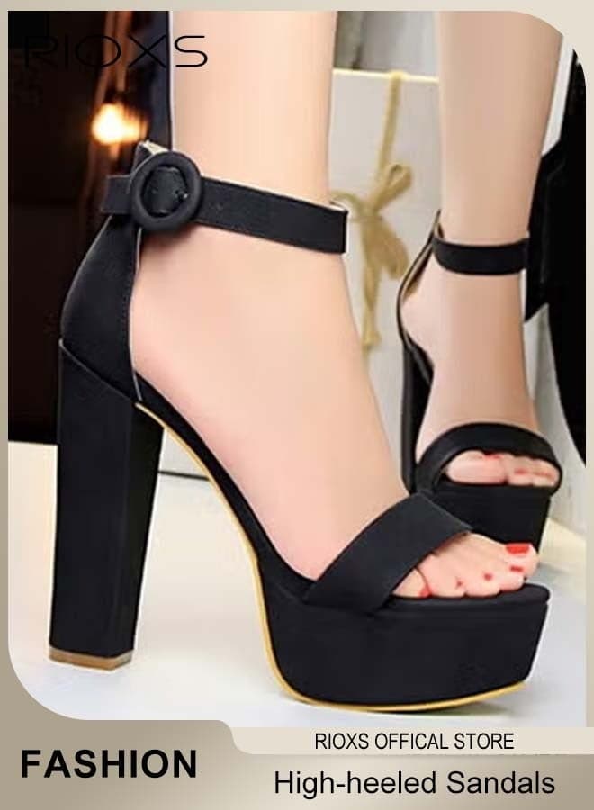 Women's Platform Heeled Sandals,13cm Block Heels Sandals for Women, Classic Ankle Strap Open-toe High Heeled Shoes, 4.5cm Waterproof Platform Sandal, Summer Dress Shoes for Ladies, Woman Comfot Platform Heel Sandals, Fashion Wedding Party Dressy Sandals Shoes, Womens Strappy Chunky Pumps, Black Footwear