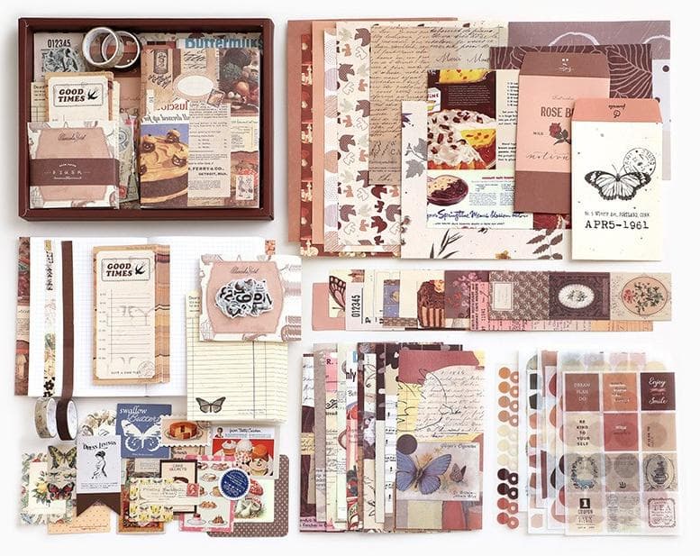 Vintage Scrapbooking Paper Kit Aesthetic Scrapbook Supplies Set Journal Decoration Material With A6 Grid Notebook Washi Paper Sticker Tape For Kids Teen Adult Diy Craft