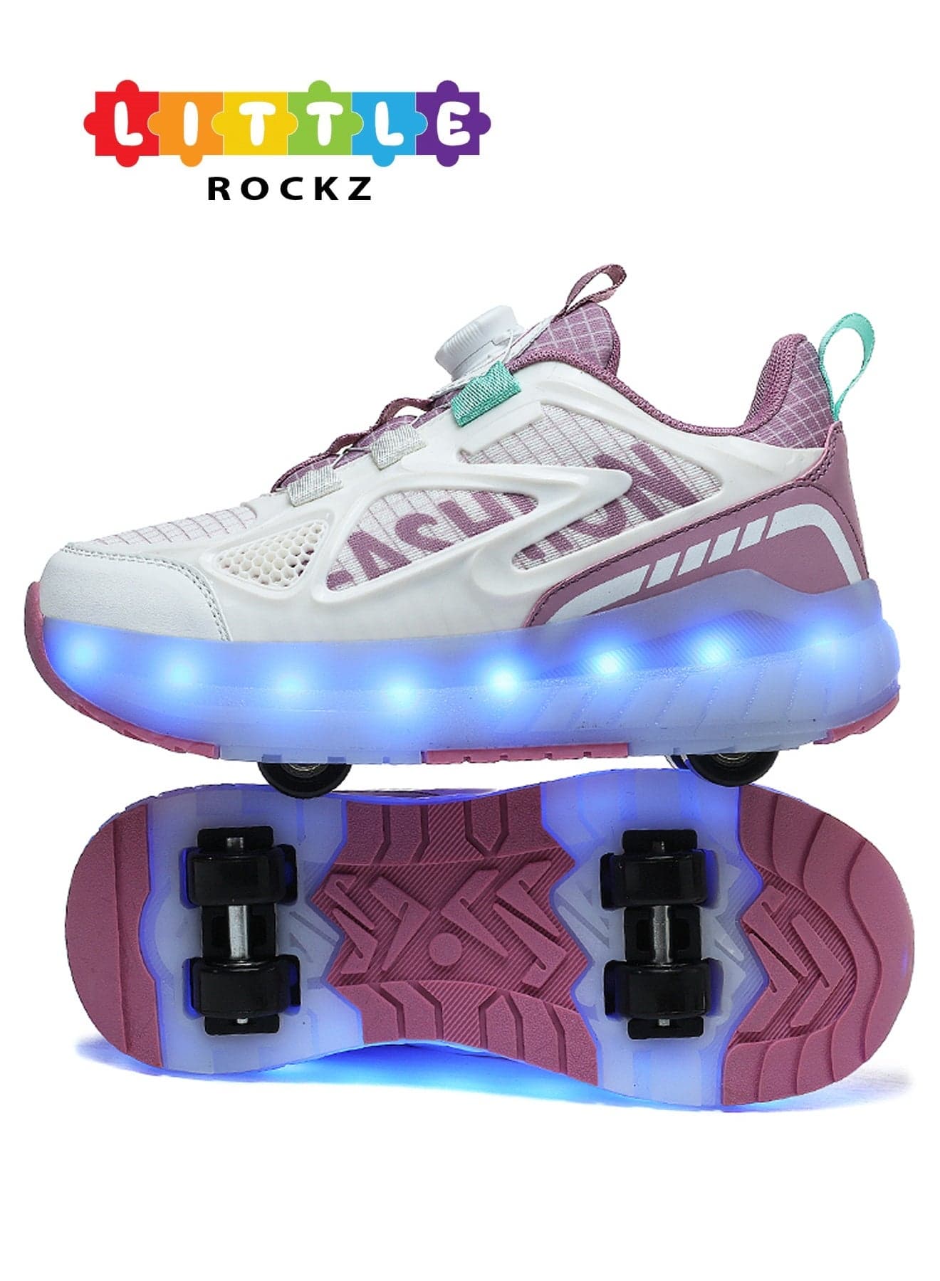 Kids Four Wheel Roller Shoes Rechargeable LED Flash Light Sneaker Skate Heelys Shoes Pink