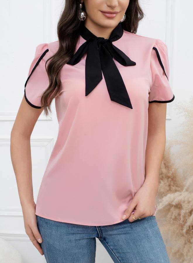 Take Two Pink Blouse with Bow Tie-Up Neck