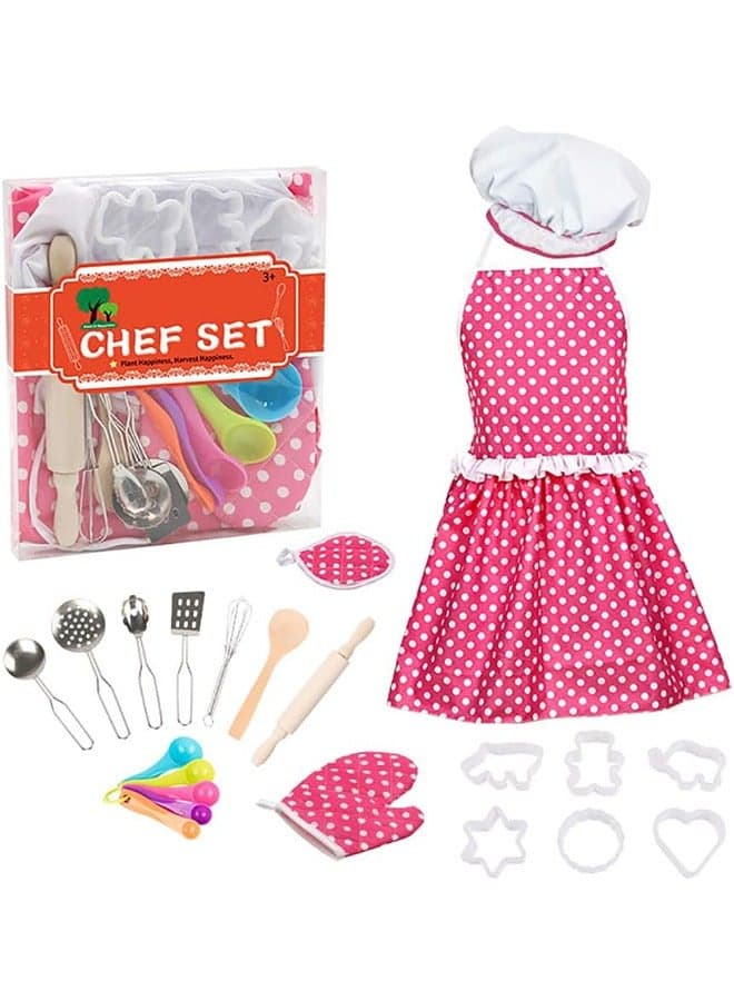 Kids Cooking Baking Set 22Pcs, Kids Chef Role Play Costume Set - Chef Hat and Matching Pink Apron Children Dress up Pretend Gift for 3 4 5 6 7 8 Year Old Girls Toys