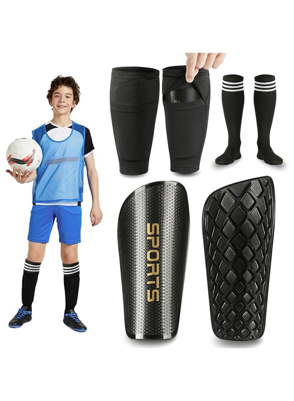 Soccer Shin Guards Children and adolescents, Shin Pads Set with Shin Sleeves and Long Soccer Socks for Age 6-8, 8-16 Boys and Girls, Lightweight Soccer Equipment