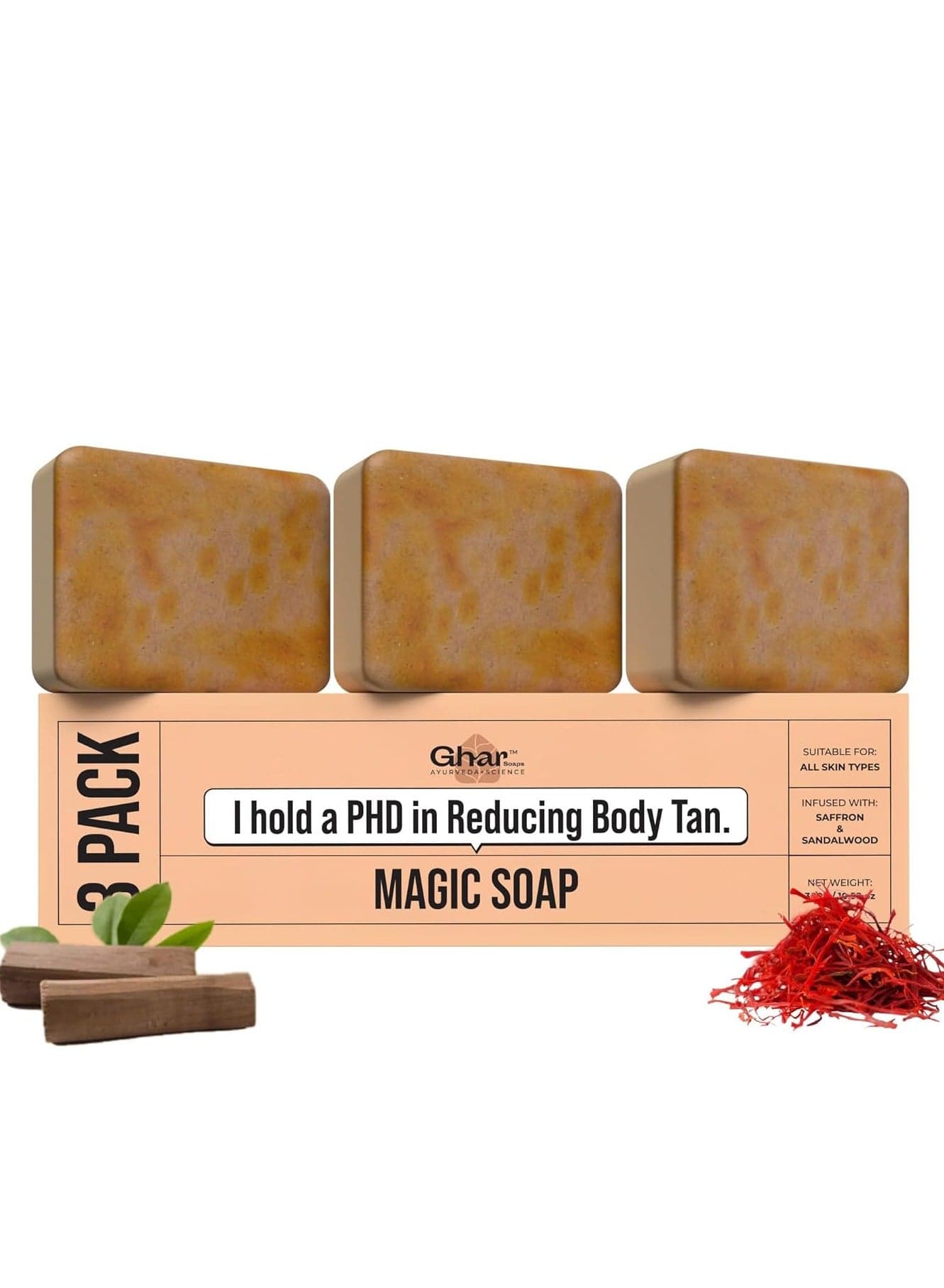 Ghar Soap Sandalwood & Saffron Organic Soaps For Bath (300 Gms Pack Of 3) | Paraben Free | Chandan & Kesar Bath Soap | Handmade Magic Soaps For Glowing | Skin Brightening Soap For Men & Women