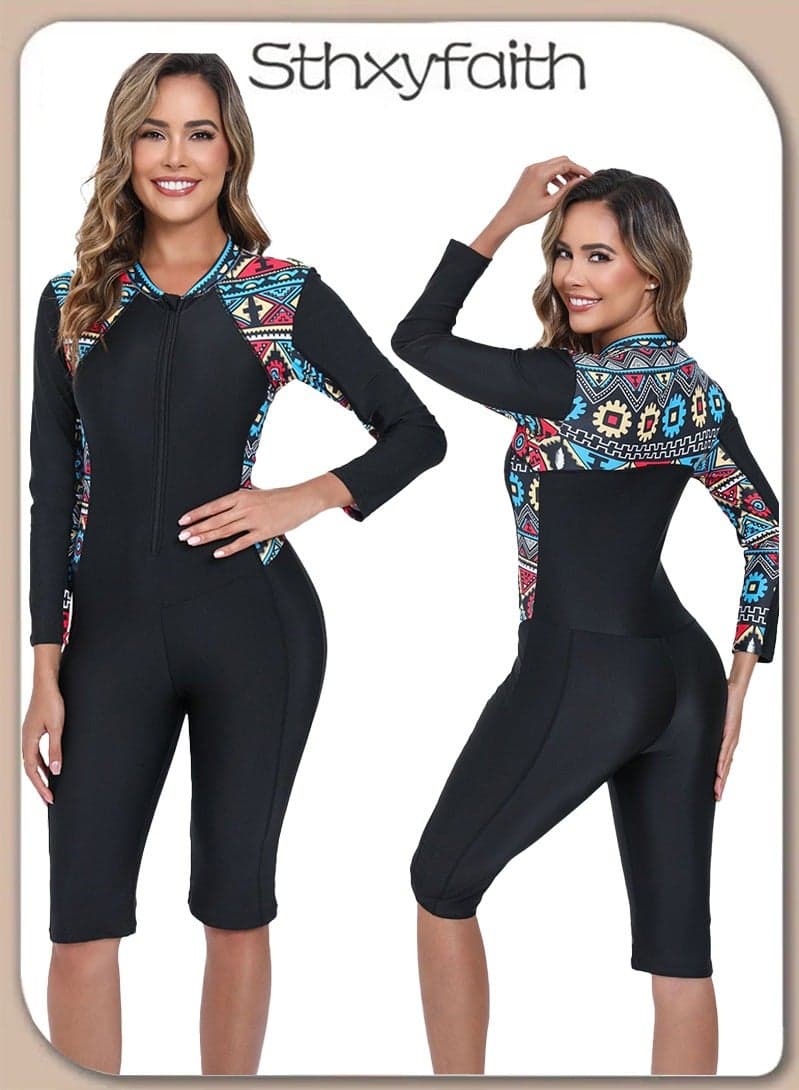 Womens One Piece Long Sleeve Rash Guard Knee High Bathing Suits Swimsuit Sport Surfing Wear Athletic Swimwear