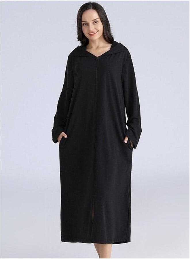Long zip-up bathrobe with hood, perfect for vacations by the sea, and beach Black Size M