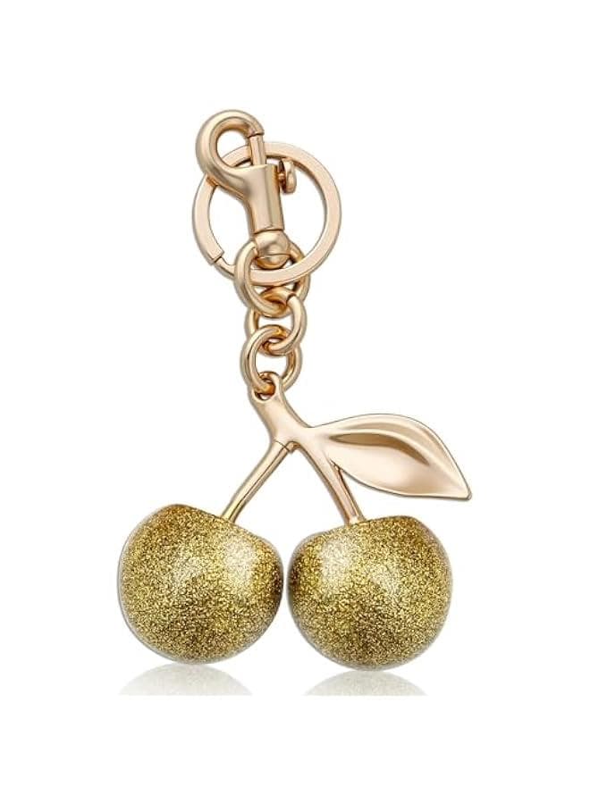 Golden Cherry Keychain for Women, Cute Bag Charm, Handbag Purse Accessory, Stylish Car Key Holder Pendant, Unique Birthday Gift for Her, Girls Charming Key Ring Decoration