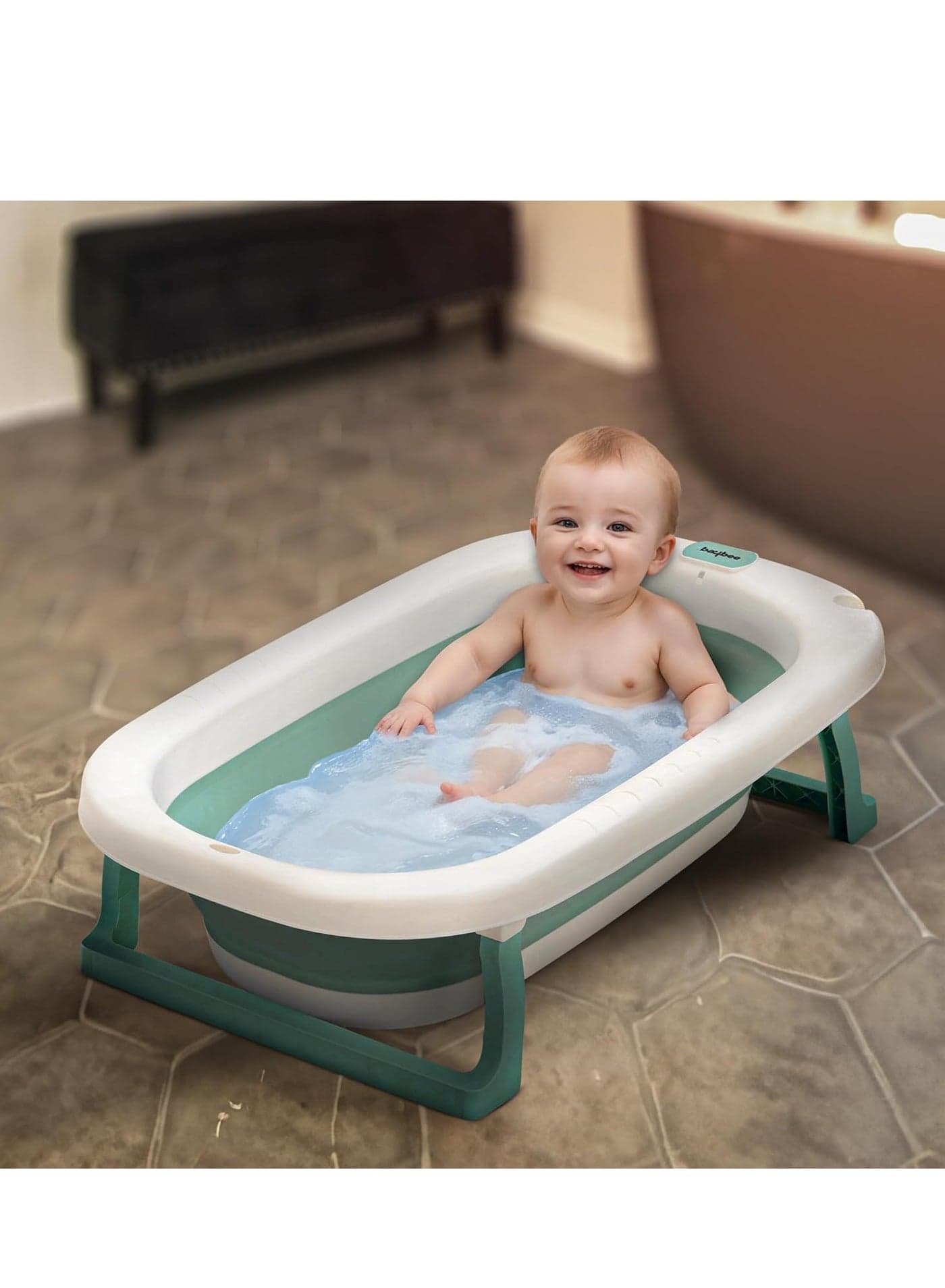 Foldable Baby Bath Tub With Anti-Skid Base, Temperature Sensing Water Plug And Wall Mountable Bathtub For Baby 0-3 Years, Green