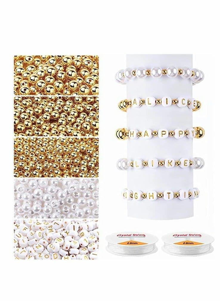 DIY Beads Making Kit 1800Pcs Including Gold Spacer Beads Alphabet Beads White Pearls and Elastic String Perfect for Jewelry Crafting