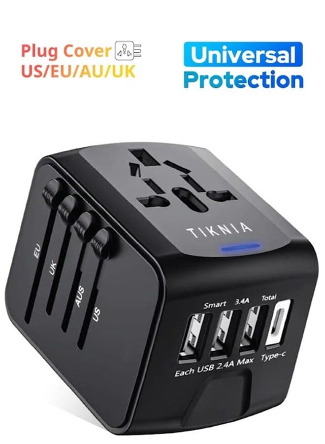 Travel Adapter, TIKNIA Universal Travel Adapter - 3 USB + 3.0A Type C in One Travel Charger with UK/US/AUS/EU Plugs and Socket, International Power Adapter Wall Charger (Type-c Black)