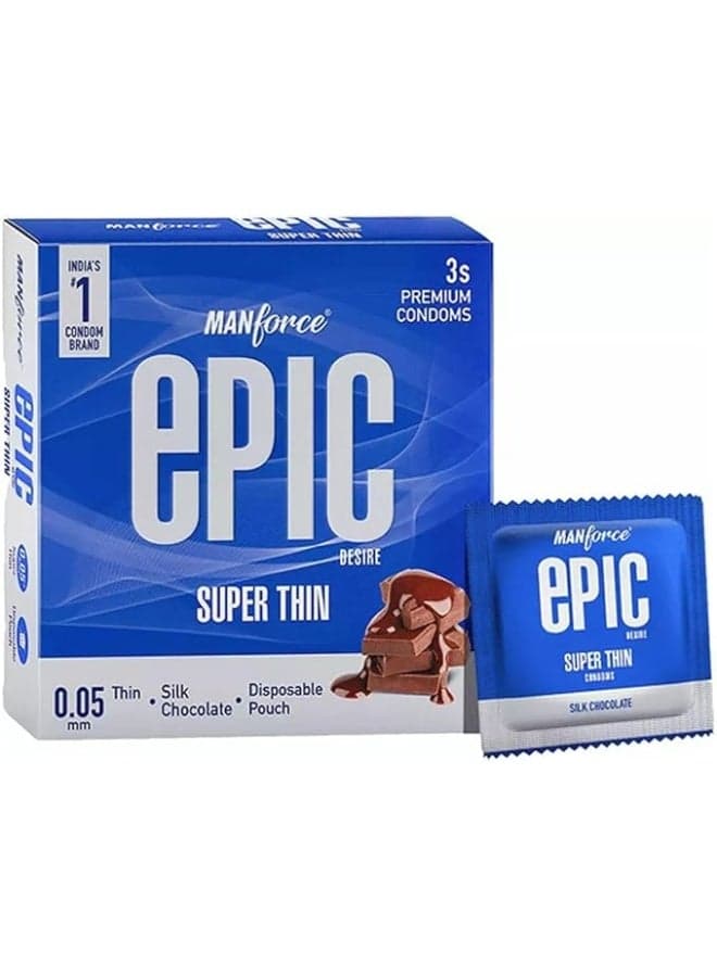 Manforce Epic Desire | Super Thin, Silk Chocolate Flavoured Condoms for Men, 3 Pcs| With Disposable Pouch| Vegan | No Hard Chemicals| Super Thin| Lubricated Latex Condoms
