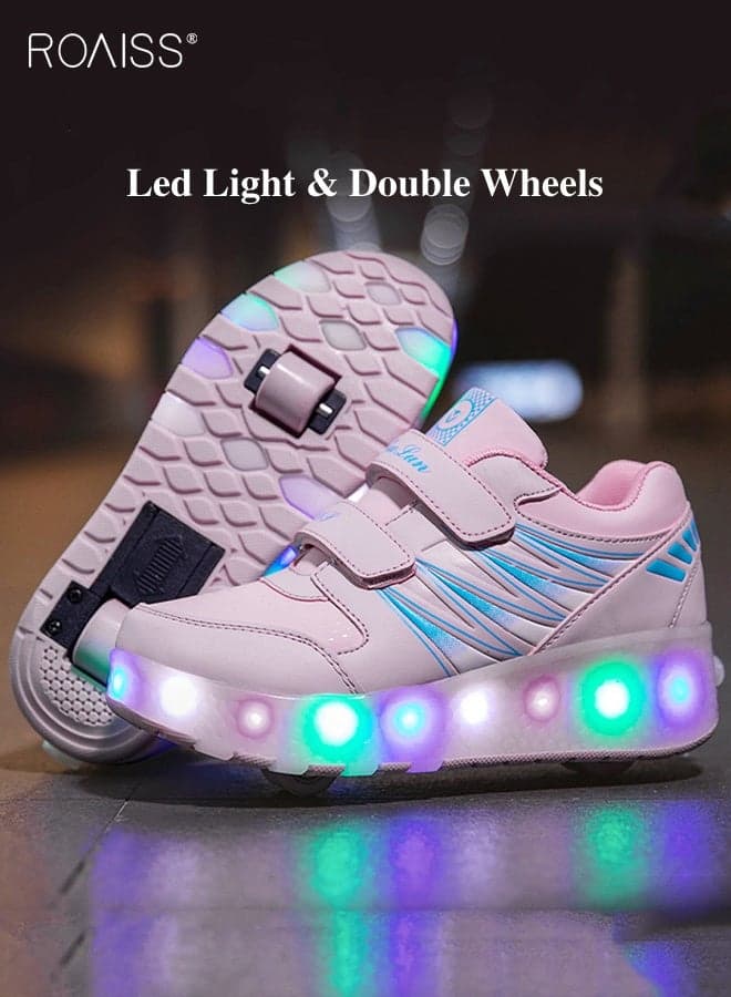 Kids Double Wheel Roller Skates Shoes, LED Light up Adjustable Sneakers with Velcro, Cool Shiny Roller Skates, Luminous Comfortable Shoes with Detachable Roll Wheels, Ideal Gift for Kids Pink