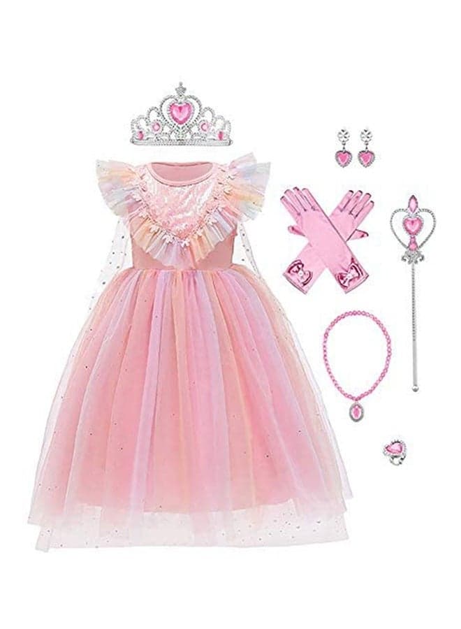 Frozen Princess Elsa Snow Queen Costume Snowflake Tulle Dress Cape With Accessories