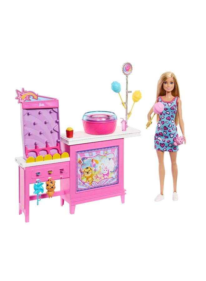 Mysteries: Beach Detectives Barbie “Malibu” Doll & Cotton Candy Game Booth Playset With 20 Accessories Including Prizes