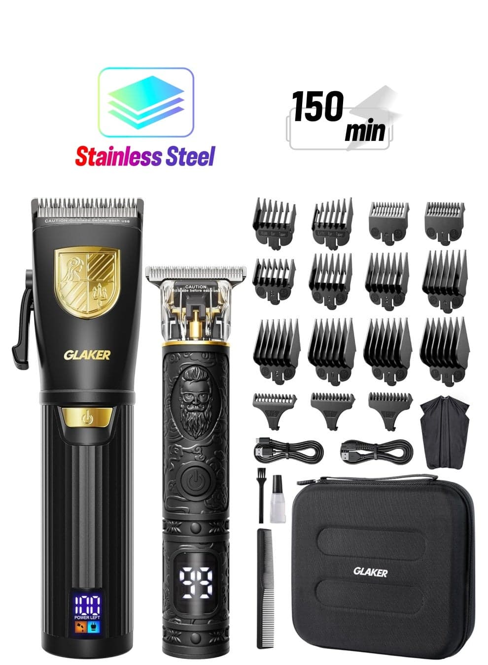 Hair Clippers for Men Professional, Cordless Clippers for Hair Cutting, Men's Hair Clippers and Trimmer Kit for Barber with LED Display 15 Guide Combs