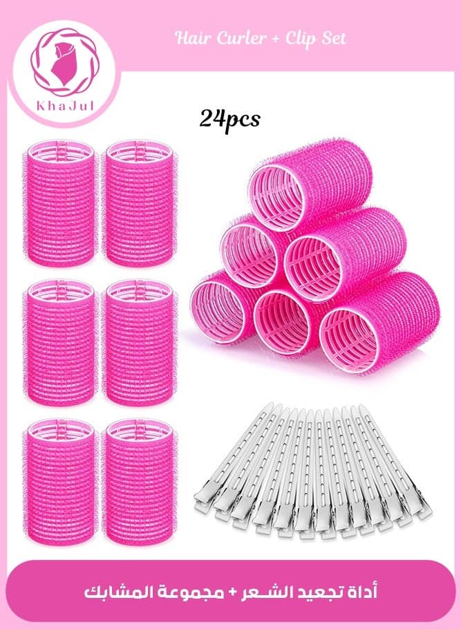 24-Piece Curling Iron Roller Set with Metal Clips for Long Medium Short Thick Thin Hair Bangs Curls (Pink)