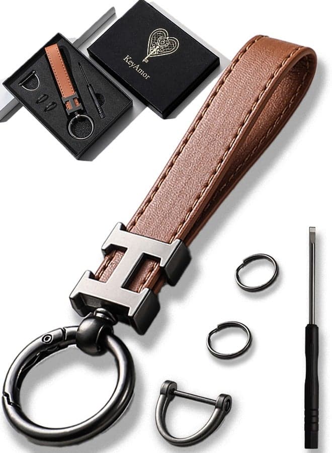 Elegant metal and leather keychain car key holder for men. H letter keychain, stylish car keychain with 3 key rings, perfect as a fancy gift or car accessory. Features an elegant and refined light brown colour, offers 360-degree rotation for added convenience, and comes in a fancy gift box.