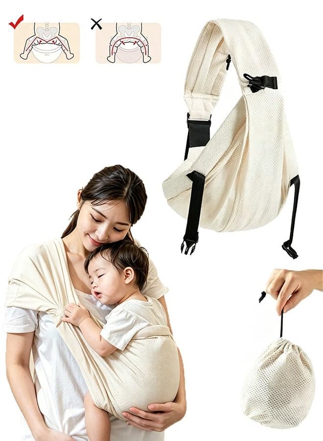 Adjustable Breathable Mesh Newborn Wrap Holds Up to 40 lbs or Less - Portable Lightweight Baby Sling Carrier - Hands-Free Infant Carrier for Daily Errands Travel and Hands-Free Parenting (Beige)