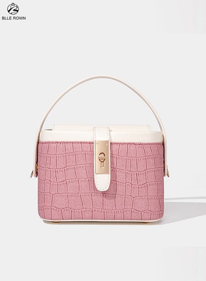 Women's Crocodile Texture Box Handbag Top Handle Pink and White Color Crossbody Bag Classic Leather Shoulder Ladies Bag
