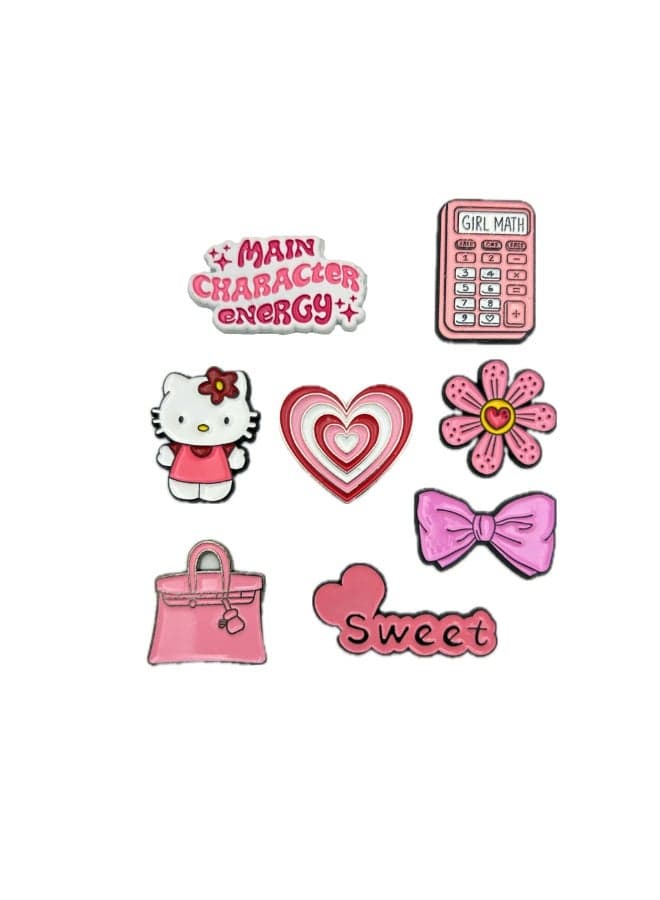 8 pieces of Metal stickers - MAIN CHARACTER ENERGY logo GIRL MATH Calculator and Hello Kitty logo and Heart logo and Daisy Flower logo and Luxury Handbag and Sweet Text logo Hair Bow logo- Premium Quality Metal for Mobile, Laptop, Backpacks and more.