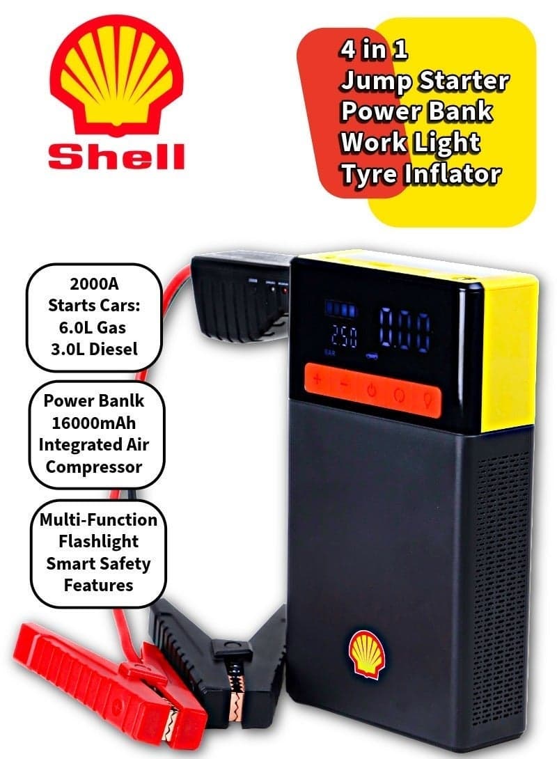 Shell Automotive Car Jump Starter & Air Compressor 16000mAh – 12V Battery Booster with LED Light, Type-C PD Fast Charging, Cordless Pump for 6.0L Gas/3.0L Diesel – Portable Power Bank