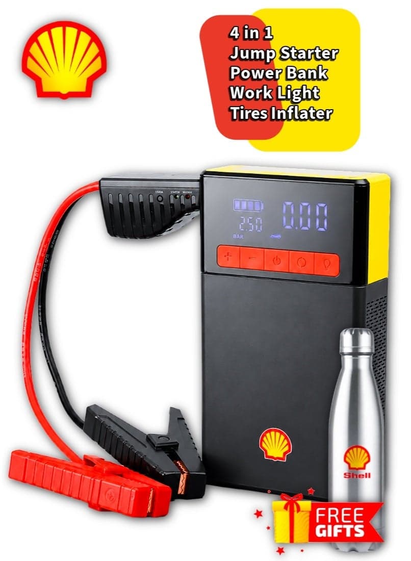 Shell Car Jump Starter 1000A & Air Compressor 160PSI ,12V Battery Booster with LED Light, Type-C PD Fast Charging, Jump for 6.0L Gas/3.0L Diesel – Portable Power Bank 16000mAh
