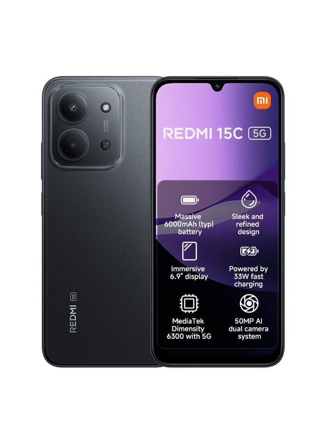 ريدمي 15C ثنائي الشريحة أسود منتصف الليل 8GB RAM 256GB 5G - النسخة العالمية