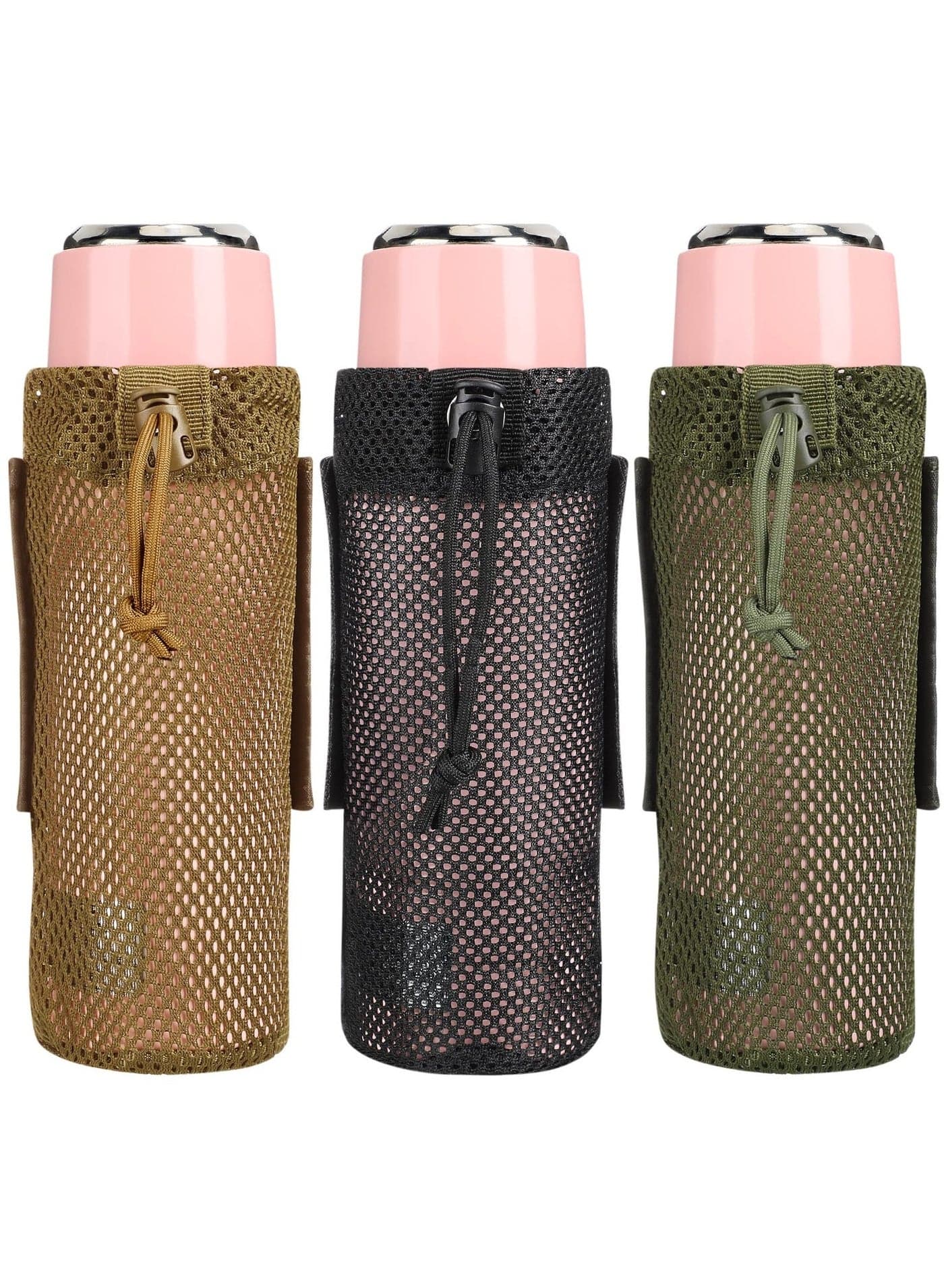 3 Pcs Adjustable Water Bottle Pouch, Molle Tactical Storage Mesh Bag for 17 Oz Drink Cup Lightweight Foldable Mesh Water Bottle Holder for Backpack Travel Bag (Brown, Army-Green, Black)