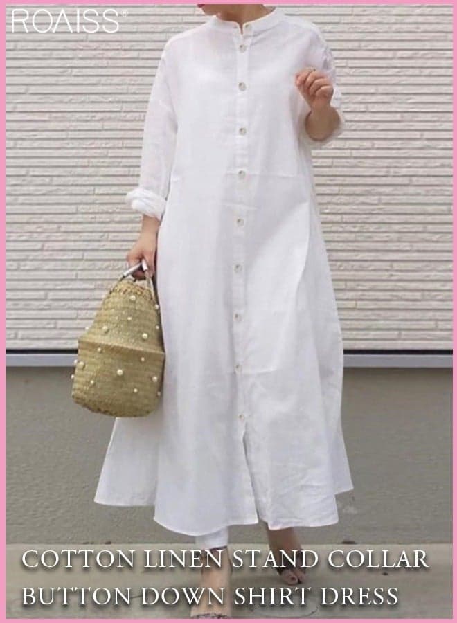 Women's Cotton Linen Shirt Dress Casual, Loose-Fit Maxi Dress in Solid Colors Classic Blouse-Style Top with Full Button Opening for Easy Wear Breathable, Comfortable, and Perfect for Everyday Effortless Style