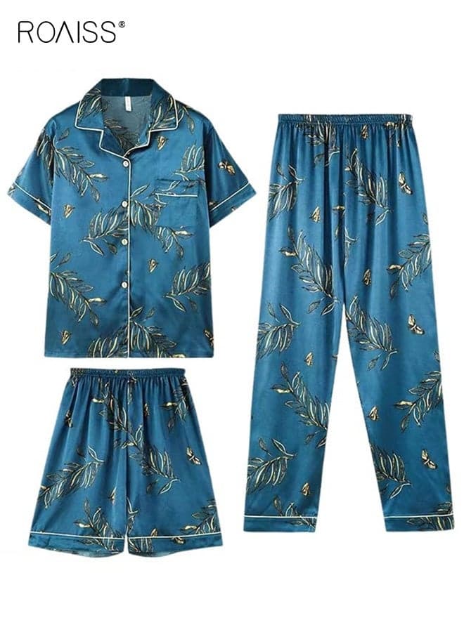 Men's 3-Piece Ice Silk Loungewear Set Short Sleeve Top, Shorts Long Pants Loose-Fit, Skin-Friendly Comfort For Relaxing at Home or Casual Lounging in Warm Weather Blue
