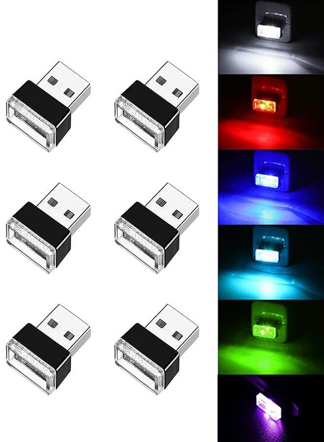 6 PCS USB LED Car Interior Atmosphere Lamp, Portable Mini LED Night Light, Plug-in USB Interface Trunk Ambient Lighting Kit, Universal Interior Accessories for Most Vehicles (6 Color)