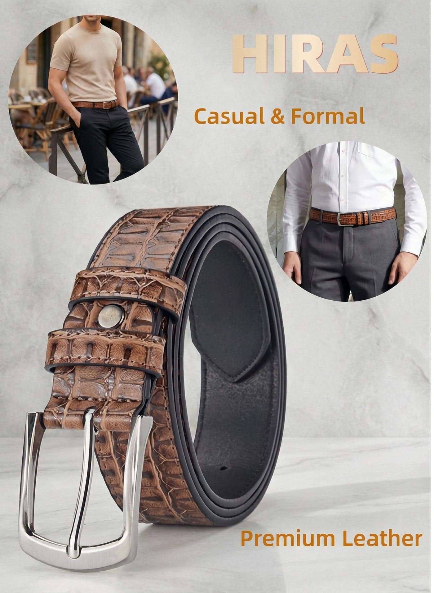 Men's Crocodile-Embossed Leather Belt – Stylish Formal & Casual Belt for Men | Adjustable 125cm Length with Alloy Buckle - Light Brown