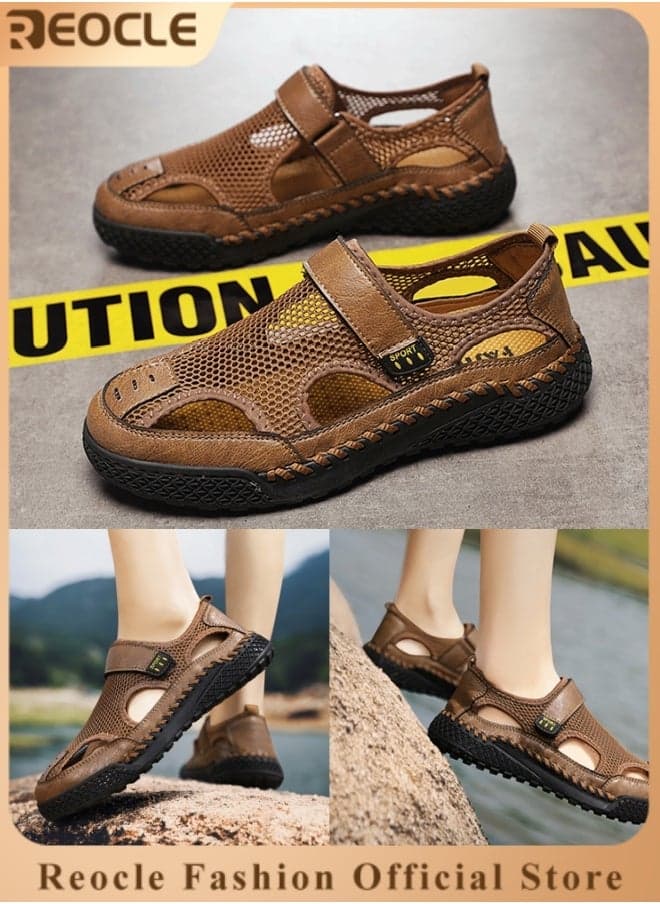 Men's Mesh Sandals Handmade Leather Slippers Casual Summer Hiking Shoes with Soft Sole Breathable Beach Sandals for Outdoor Use