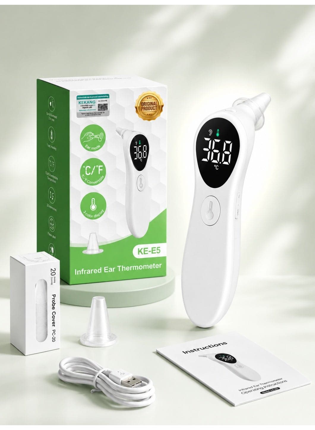 Infrared Ear & Forehead Thermometer Rechargeable Digital, Fast Temperature Reading Non-Contact Thermometer with LCD Display for Babies, Kids and Adults