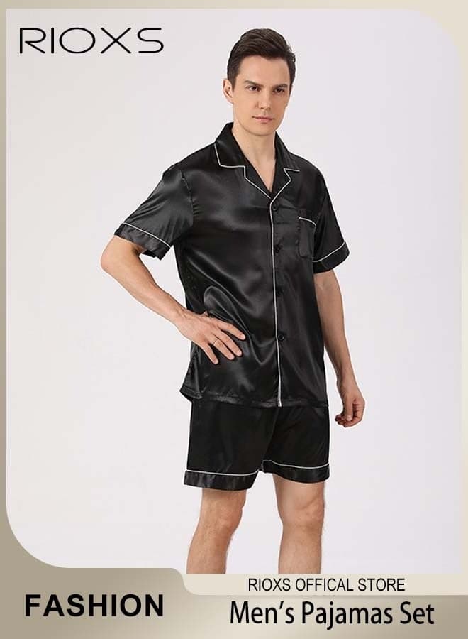 2 Pcs Men's Satin Pajamas Set, Silk Sleepwear Set, Short Sleeve Button Down Top and Shorts, Classic Summer Loungewear for Men, Soft Breathable Nightwear Pajamas Set for Home, Dormitory, Hotel, Travel and More, Black