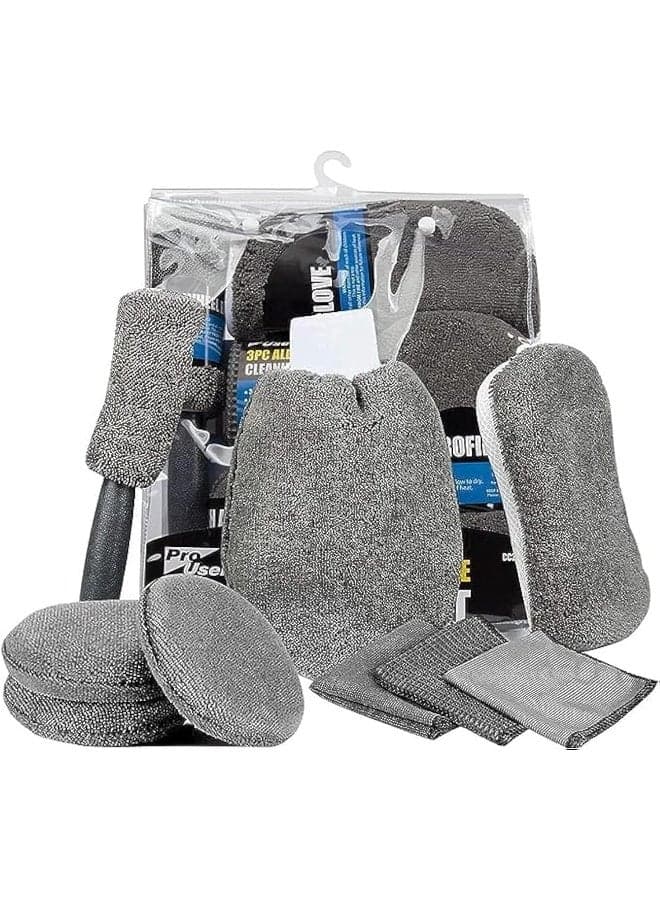 9 Pieces Microfiber Car Cleaning Kit | 3 Microfiber Towels | 3 Applicator Pads | Scratch Free Wash Sponge And Mitt | Wheel Brush For Car, Bike, Home And Multi-Purpose Cleaning