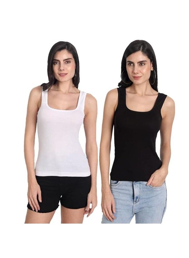 Aimly Women's Cotton Sleeveless White & Black Camisole Slip Spaghetti Pack of 2 in White and Black Colors