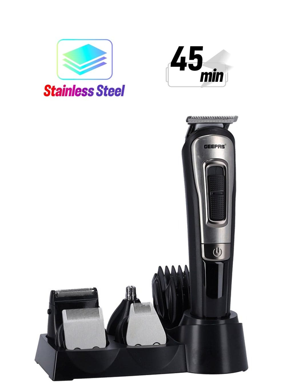 11-IN-1 Rechargeable Grooming Set With 6 Interchangeable Heads And 4 Comb Attachments Includes a Charging Stand, Cleaning Brush, USB Cable