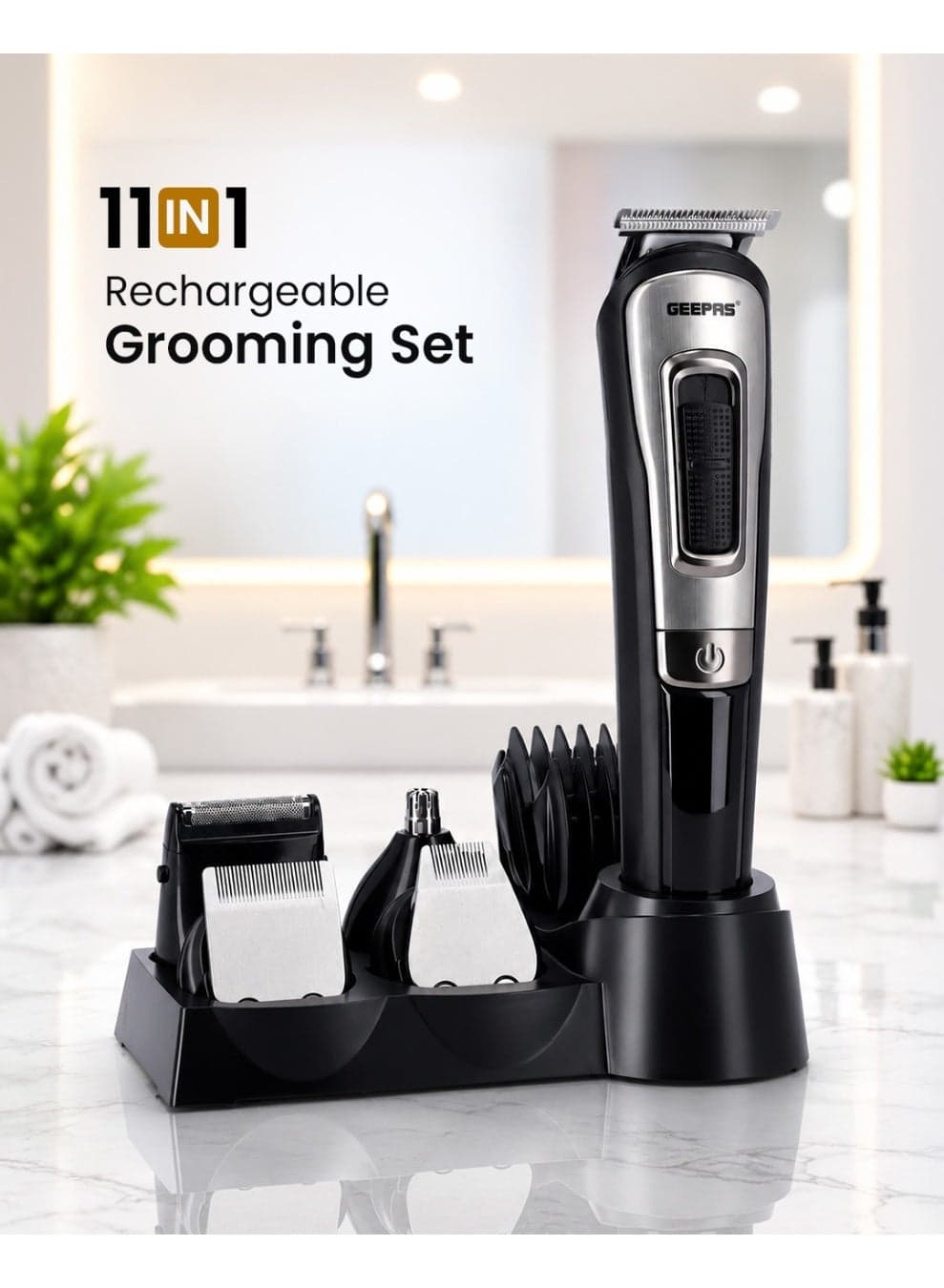 11-IN-1 Rechargeable Grooming Set With 6 Interchangeable Heads And 4 Comb Attachments Includes a Charging Stand, Cleaning Brush, USB Cable