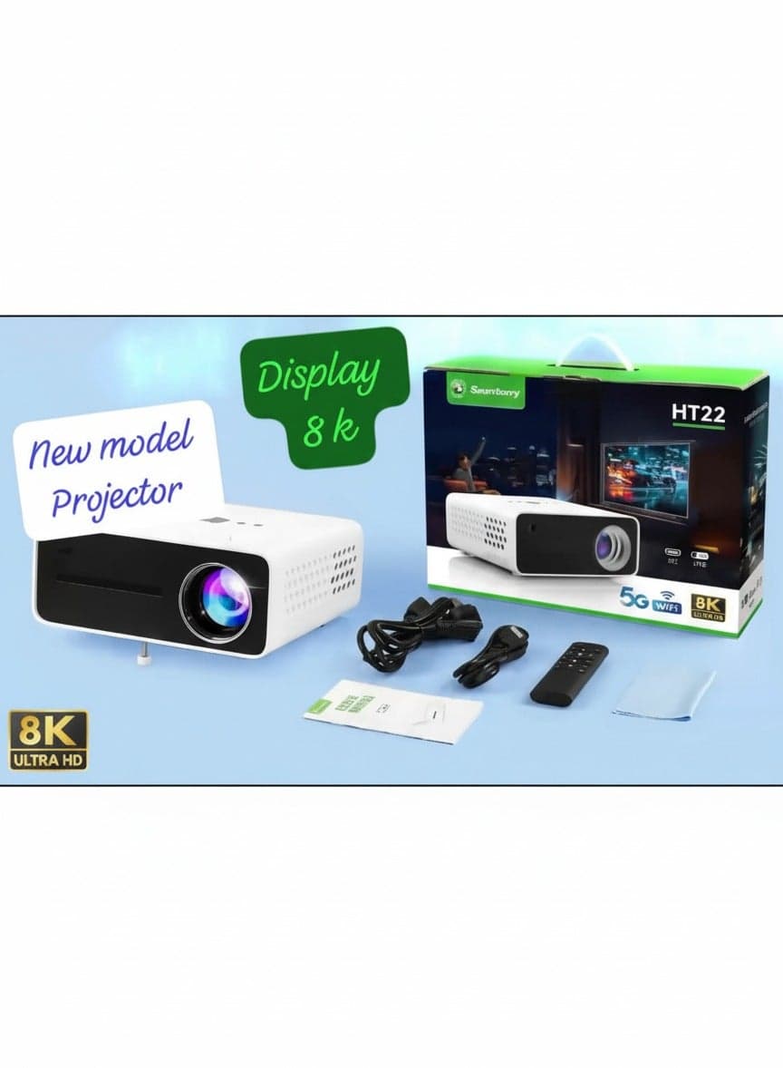 Smartbarry 8k Display Projector with Wifi and Bluetooth Outdoor Camping, Indoor Home Theater Movie Projector, Multiple Apps Supported, Video Projector Compatible with HDMI/USB/iOS/Android/Windows White