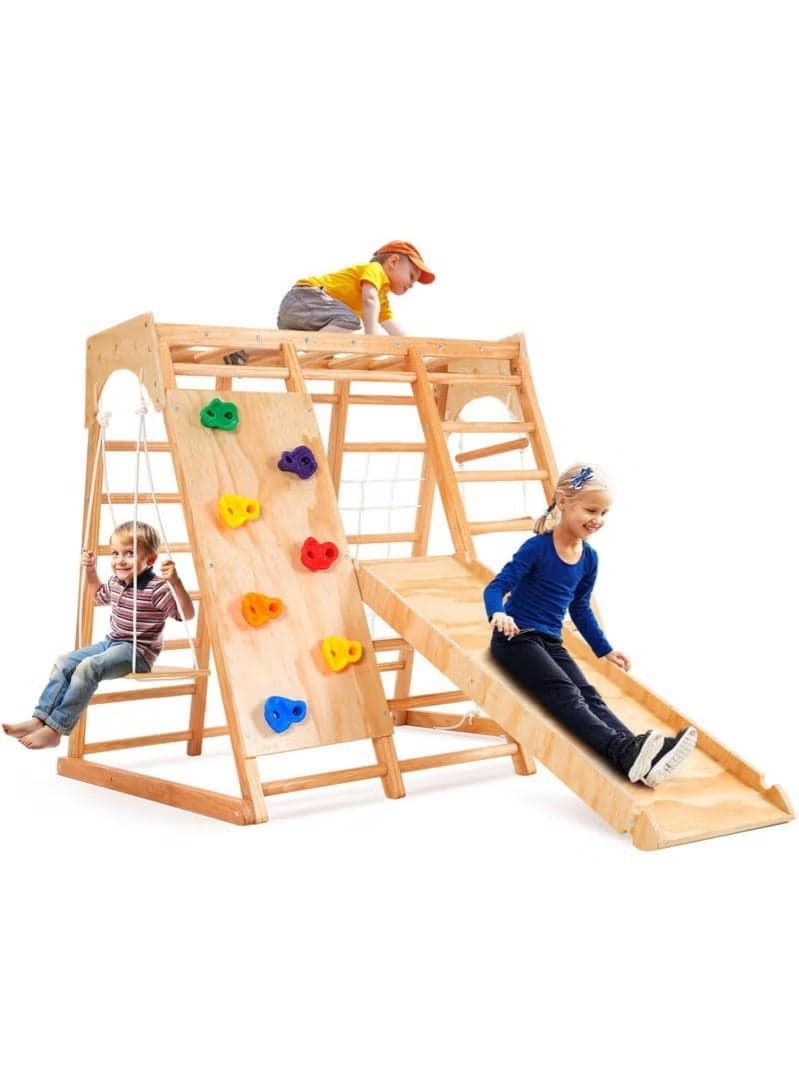 7-in-1 Indoor Jungle Gym for Kids, Toddler Playground With Slide, Swing and Climbing Rock, Wooden Montessori Climbing Toys Playset