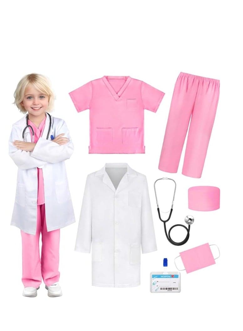 Doctor Costume for Girls - Kids Scrubs with Lab Coat & Carry Bag, Doctor Dress Up for Halloween, Career Day Role Play