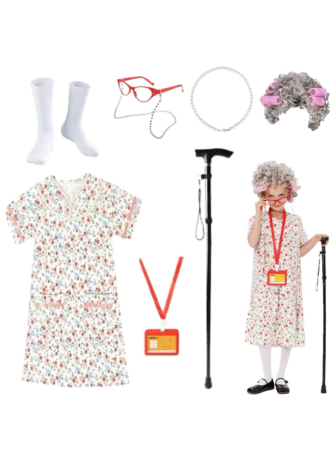 Home Smart Granny Costume Dress for Girls 7pcs Old Lady Outfit with Accessories for Cosplay and Theme Parties