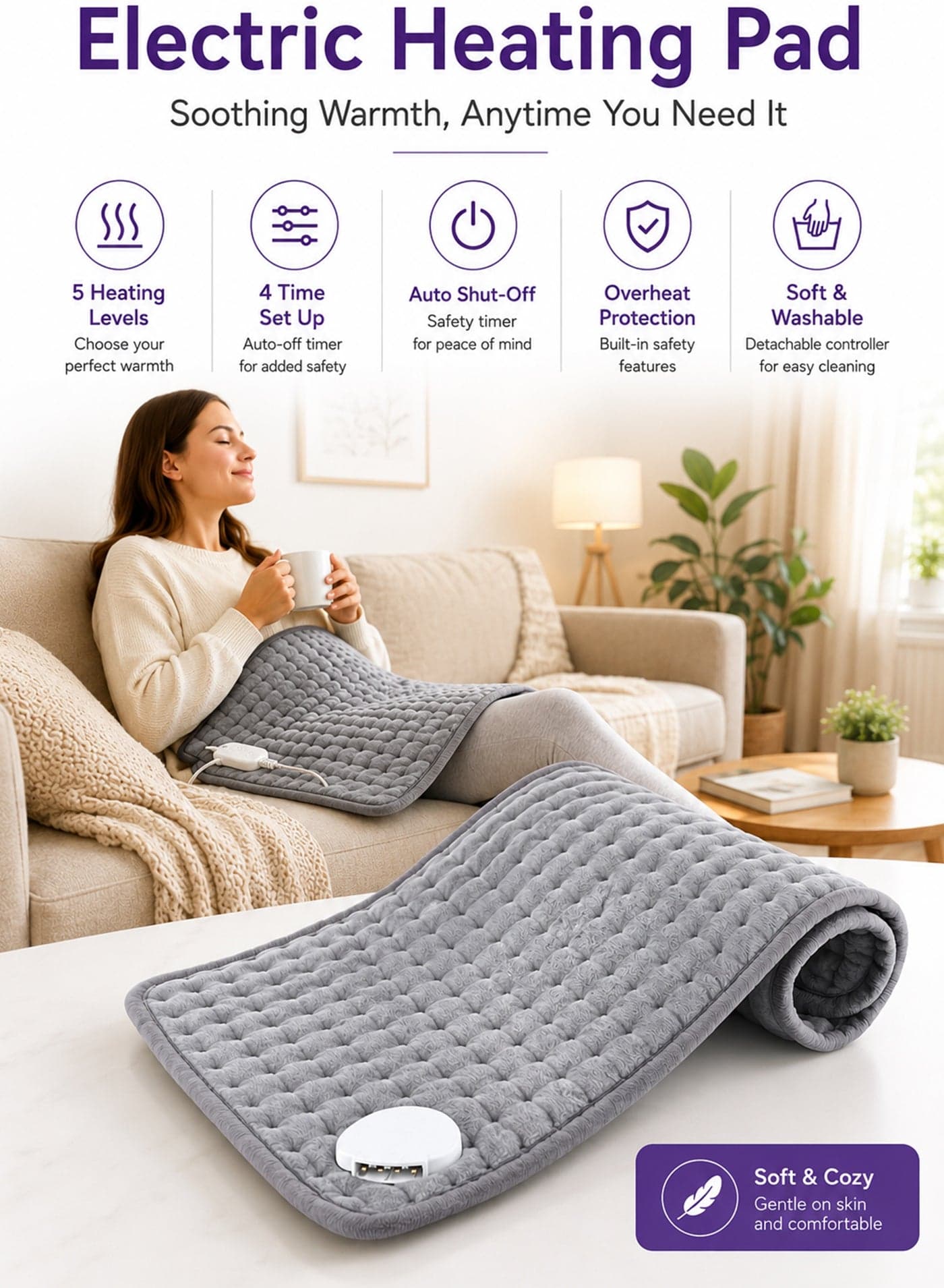 Heating Pad for Period Cramps Back Neck Shoulder Belly Leg and Knee Pain Relief 56x30cm with 5 Heat Levels Auto Shut Off Machine Washable Soft Plush Grey
