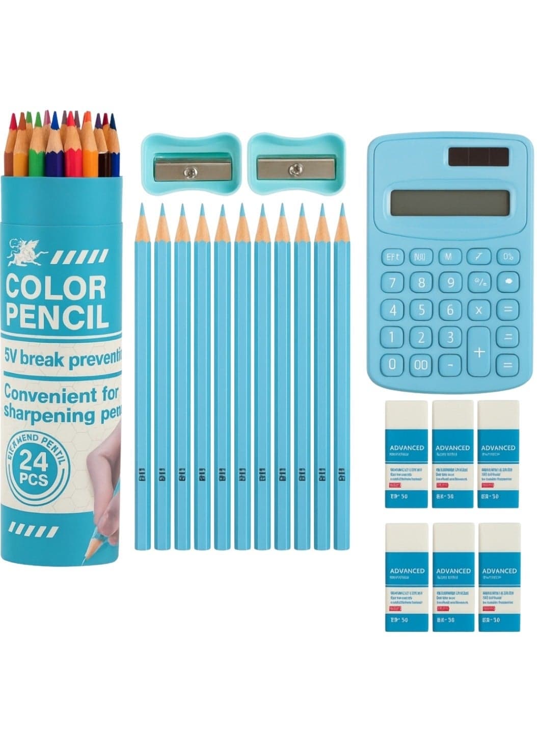 45 Pieces Stationery Set for Kids – Complete School Supplies Set with 24 Colored Pencils, 12 HB Pencils, 2 Sharpeners, 6 Erasers & 1 Calculator | Writing, Drawing & Study Set for Kids, Adults, School Going Boys & Girls