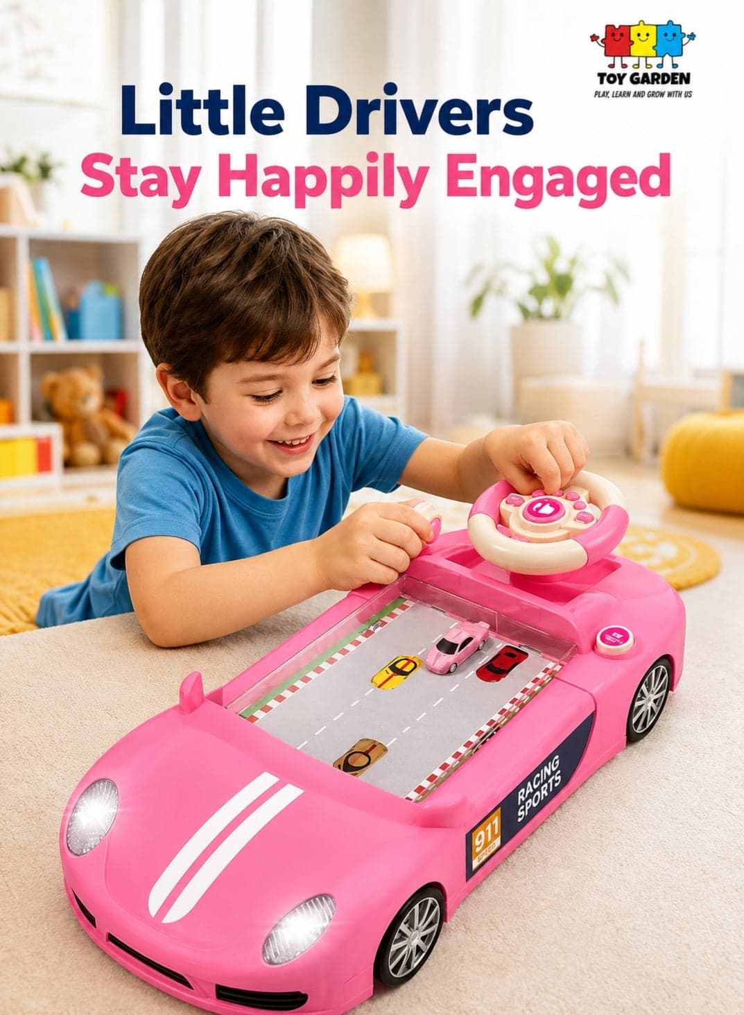 Racing Car Adventure Toy with Steering Wheel – Interactive Driving Simulation Game for Kids with Lights, Sound & Racing Track
