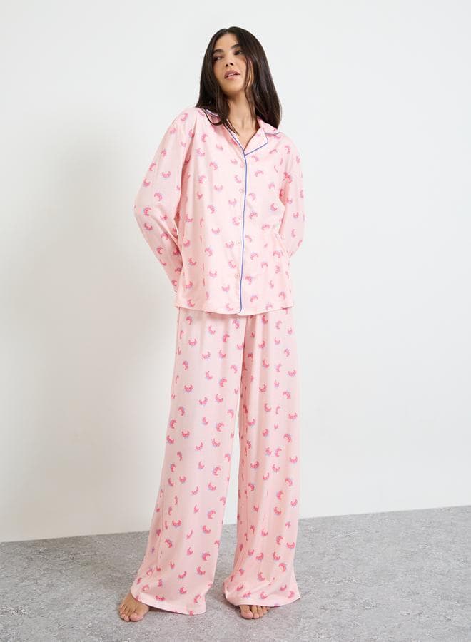 Pink Croissant Bow Piped Long Sleeve Shirt and Pyjama Set