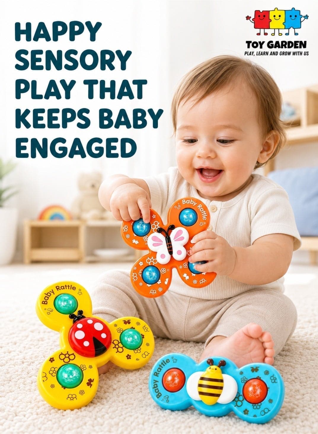 Baby Rattles Set with Suction Cup Spinner – Travel-Friendly Toy for Dining Table, Bathroom & More
