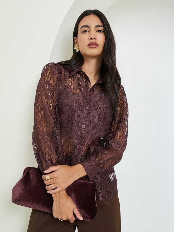 Styli Brown Lace Long Sleeve Shirt