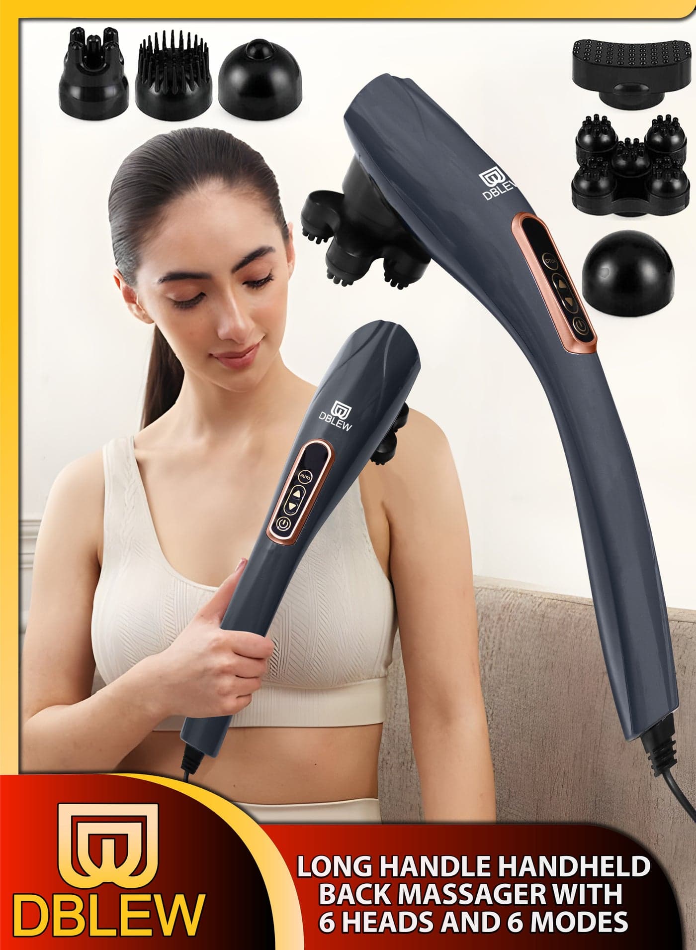 Electric Handheld 6 Heads Full Body Massager With Long Handle Deep Tissue Hammer Massage Percussion Vibration For Neck Shoulder Back Arms Leg Foot Calf Muscle Relax Pain Hand Tension Relief